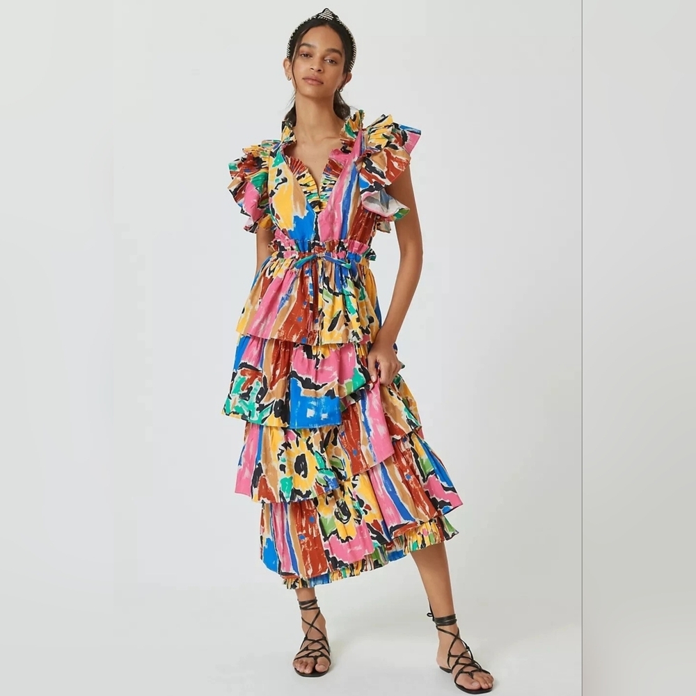 Anthropologie Love The Label Mix-Print Multicolor V-Neck Midi Dress Size L